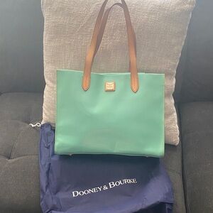 Dooney & Bourke Aqua Patent Leather Tote with Tan Straps